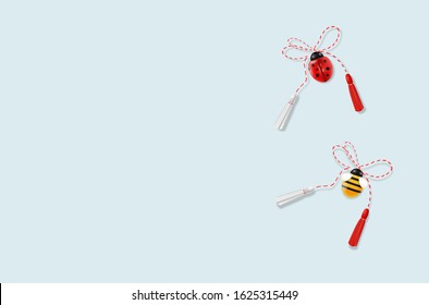 Hello spring, 1 march, 8 march,  realistic martisor with bee and ladybug, spring symbol red and white, blue march banner, season decoration vector illustration 