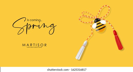 Hello spring, 1 march, 8 march,  realistic martisor with bee, spring symbol red and white, yellow march banner, season decoration vector illustration 