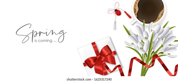 Hello spring, 1 march, 8 march,  realistic snowdrop, martisor, ladybug, gift and coffee, spring symbol, floral banner, season bouquet vector illustration 