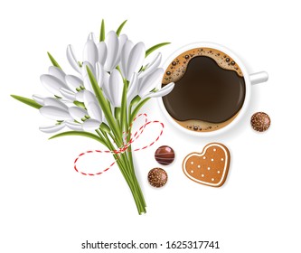 Hello spring, 1 march, 8 march,  realistic snowdrop, martisor, chocolate and coffee, spring symbol, floral banner, season bouquet vector illustration 