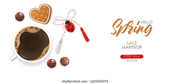 Hello spring, 1 march, 8 march,  realistic chocolate, martisor, ladybug and coffee, spring symbol, graphic banner, season card vector illustration 