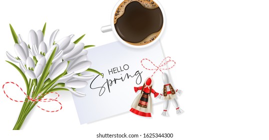 Hello spring, 1 march, 8 march,  realistic martisor with national costume, spring symbol, red and white march banner, season decoration, realistic coffee and snowdrop vector illustration 