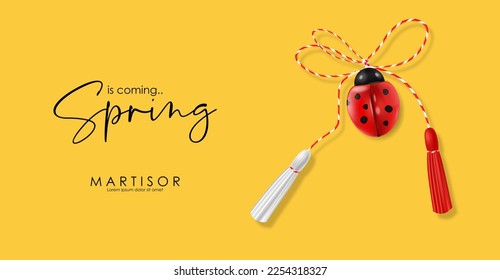 Hello spring, 1 march, 8 march, realistic martisor with ladybug, spring symbol red and white, yellow banner, season decoration vector illustration