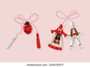 Hello spring, 1 march, 8 march, realistic martisor, spring symbol red and white, violet march banner, season decoration vector illustration