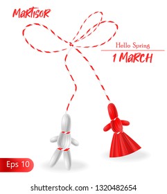Hello spring, 1 march martisor red and white spring symbol realistic vector illustration