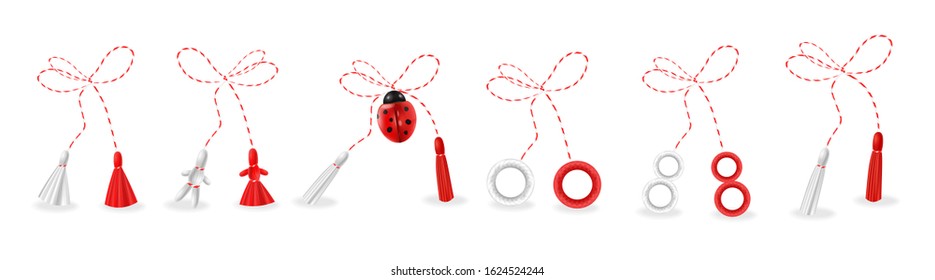 Hello spring, 1 march martisor red and white big set isolated, spring symbol realistic vector illustration