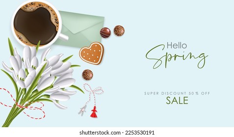 Hello spring, 1 march, realistic snowdrop, martisor, chocolate, envelope and coffee, spring symbol, floral background, season bouquet vector illustration