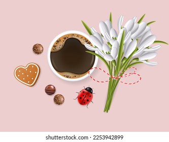 Hello spring, 1 march, realistic snowdrop, martisor, chocolate, ladybug and coffee, spring symbol, floral background, season bouquet vector illustration