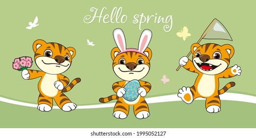 Hello spring 2022. Vector illustration of tiger cubs from three spring months