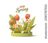 Hello, spring. 3D spring flowers, daisies tulips, green leaves, podium. Holiday greetings for spring concepts, advertising, and flora. Vector