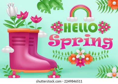 Hola primavera. 3d ilustración de botas, cesta y maceta de riego de flores, con plantas tropicales ornamentales