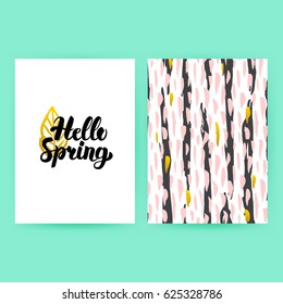 Hello Spring 80s Style Poster. Vector Illustration of Trendy Pattern Design with Handwritten Lettering.