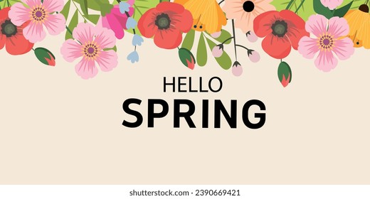 Hello spring. Spring abstract background, banner, poster with spring flowers and leaves. Spring leaves. Modern trendy colorful design. Template for advertising, web, social media.