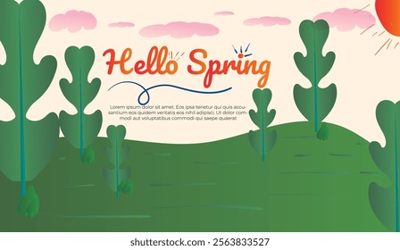 Hello spring. Spring abstract background, banner, poster with spring flowers and leaves. Spring leaves. Modern trendy colorful design. Template for advertising, web, social media.