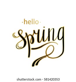 Hello Spring abstract background. Vector illustration. Design element with green leaves