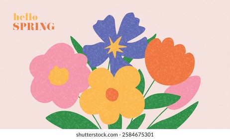 Hello Spring abstract banner. Hand-drawn horizontal card for decoration spring events, Mother's Day, Easter, Women's Day. Beautiful spring bouquet with abstract flowers. Concept of spring cover.