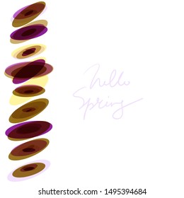 Hello spring, Abstract composition isolated on white. simple background art with ellipse circle pattern lilac brown yellow black transparent colors card banner design, copy space. Vector