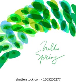 Hello spring, Abstract composition isolated on white. simple background art with ellipse circle pattern yellow blue green yellow transparent colors card banner design, copy space. Vector