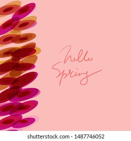 Hello spring, Abstract composition on pink. simple background textute art with ellipse circle pattern orange red burgundy brown transparent colors card banner design, copy space. Vector