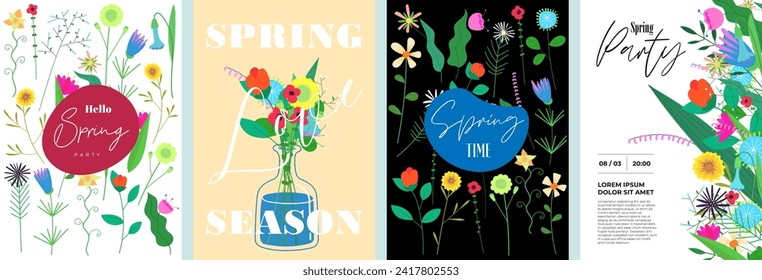 Hello spring abstract flowers poster. Floral hand drawn art march women holiday placard set. Springtime artistic print. Banner with summer blooms. Herbal plants postcard. Vector eps illustration