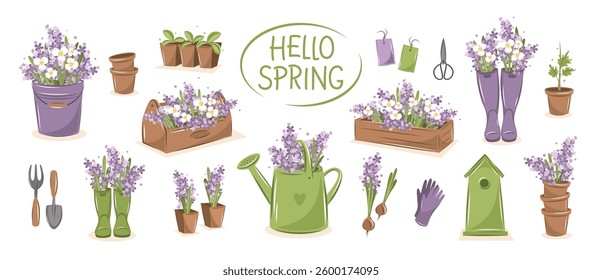 Hello spring. Agricultural tools set, gardening, growing plants and flowers. Vector illustration Isolated on white for banner, cover, advertisement.