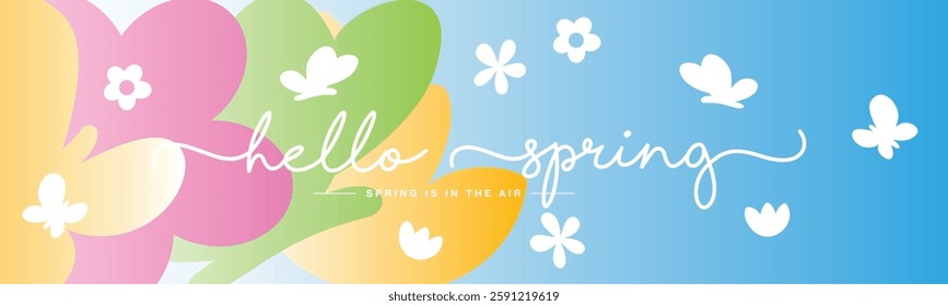 Hello spring. Spring is in the air. Handwritten typography. Line design with white spring elements on colorful blue background