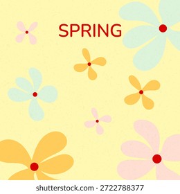 Un cartel para el comienzo de la primavera con Elementos botánicos, flores de color amarillo brillante, verde y rosa, y un Vector texturizado.
