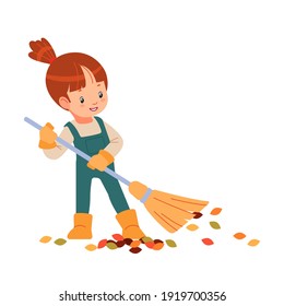 Hello spring or autumn. Little kid gardener raking leaves. Child is doing housework chores at home concept. Happy girl sweeps leaves and helps her parents in the garden. Cartoon vector illustration.