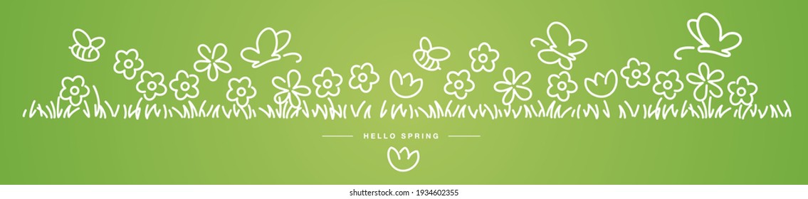 Hello Spring background, banner, pattern handwritten design with bees, butterflies and colorful spring flowers in grass green isolated