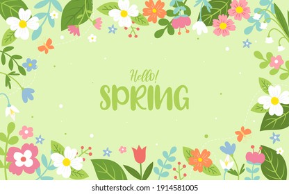 Hello! Spring Background Banner Vector illustration. Beautiful spring flowers frame on soft green background	