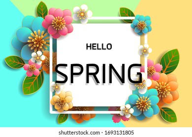 Hello Spring background with beautiful colorful flower / Vector illustration / Can be used for template, banners, invitation, posters, brochure, wallpaper, flyers.