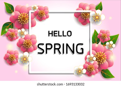 Hello Spring background with beautiful colorful flower / Vector illustration / Can be used for template, banners, invitation, posters, brochure, wallpaper, flyers.