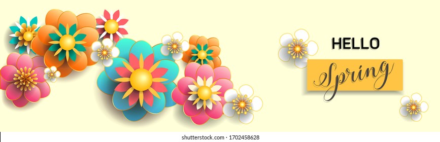 Hello Spring background with beautiful colorful flower / Vector illustration / Can be used for template, banners, invitation, posters, brochure, wallpaper, flyers.