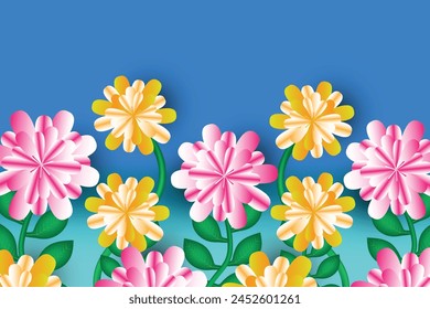 Hello Spring background with beautiful colourful flower. Vector illustration template