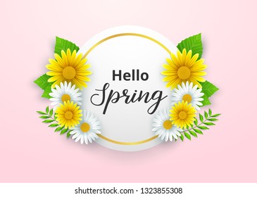 Hello spring background with beautiful flowers and round frame