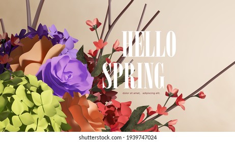 Hello spring background with beautiful realistic colorful flower arrangement vector. roses, hydrangea, branches, creeping plant, bouquet illustration