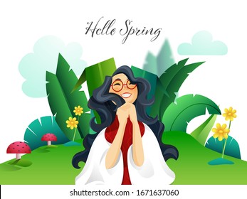 Hello Spring Background with Cheerful Young Girl Character.