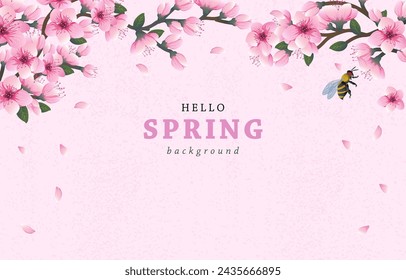 hello spring background with cheery blossom flowers. vector illustration