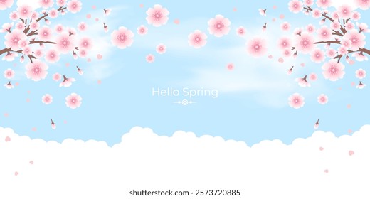 Hello spring background with cherry blossoms flowers branches on blue backdrop and white clouds. All layered and grouped. Vector.