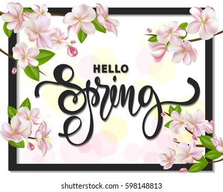 Hello spring background with cherry blossoms, leaves and branches.Greeting card with hand drawn lettering. Vector illustration template, banners,posters, brochure .