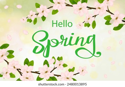 hello spring background with Cherry flower blossom branch, peach bloom, sakura branch with bokeh. Vector illustration