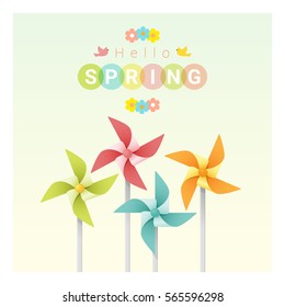 Hello spring background with colorful pinwheels , vector , illustration