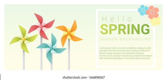 Hello spring background with colorful pinwheels , vector , illustration