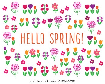 Hello spring. Background with cute flowers. Vector illustration.