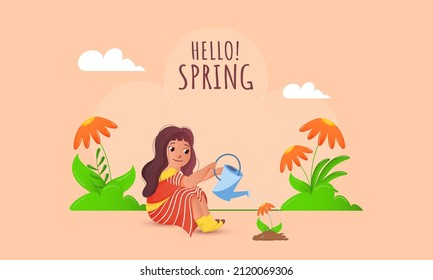 Hello Spring Background With Cute Girl Giving Water To Daisy Flower Plants In Peach Color.