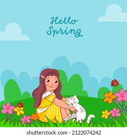 Hello Spring Background With Cute Girl Sitting And Cat Illustration.