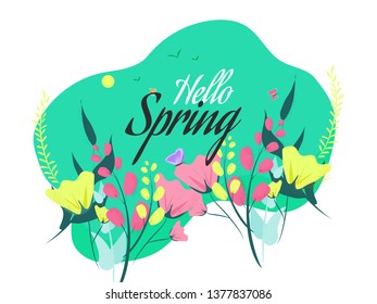 Hola fondo primavera decorado con hermosas flores y hojas ilustración. Se puede usar como diseño de tarjetas de felicitación.