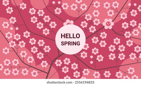 Hello Spring Background Design with branches and flowers. Vector illustration.