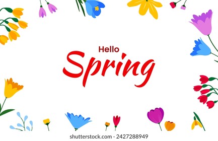 Hello spring background design with colorful floral elements. Spring graphic template for banner, poster, card. Vector illustration