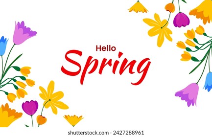 Hello spring background design with colorful floral elements. Spring graphic template for banner, poster, card. Vector illustration